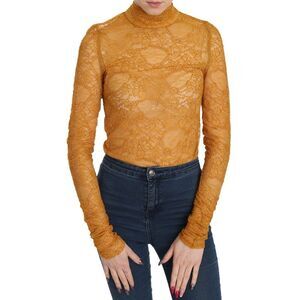 Mangano Mustard Turtle Neck Long Sleeve Lace Top Women's Blouse